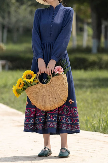 Blue Cotton Linen Midi Dress - Fitted Waist with Pockets 4820