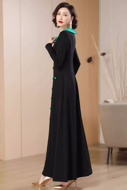 Black Polyester Maxi Dress - Fit and Flare with Lapel Collar 4786