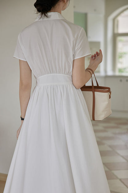 White Cotton Shirt Dress - Fitted Waist, Short Sleeve Summer Dress 4312