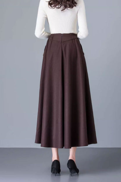 Brown Wool Maxi Skirt - A-Line with Pockets 4752