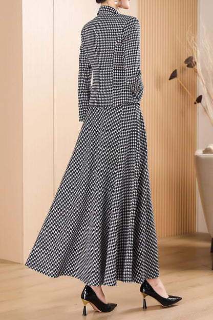 Black and White Polyester Skirt Suit - Fitted Waist Plaid Set 4598