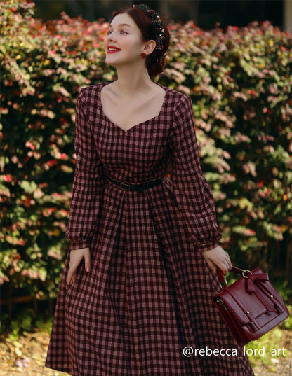 Vintage Plaid Wool Dress – Long Sleeve Winter Midi | Xiaolizi 4139