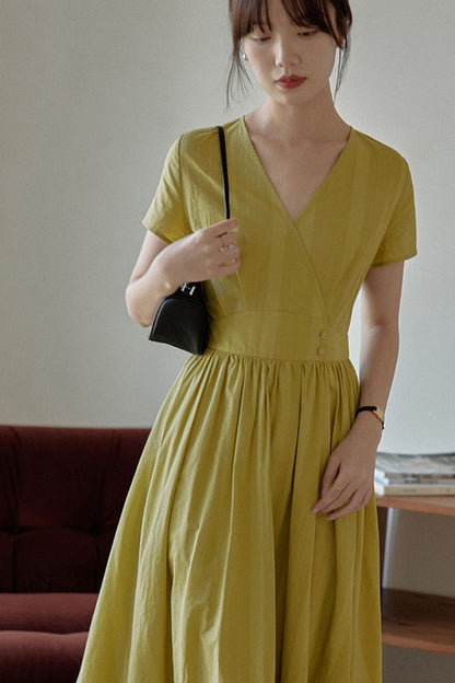 High Waist Cotton Dress - V-Neck, Short Sleeve, Button Detail 4311