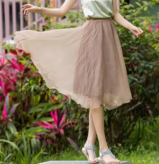 Elastic waist summer chiffon skirt 6187- light brown