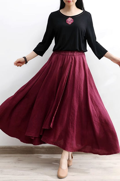 Burgundy Linen Cotton Maxi Skirt - Asymmetrical Soft Flow 4301