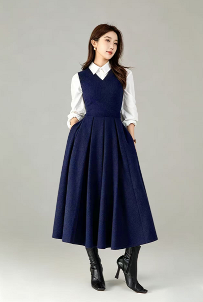 Blue Wool Blend Fit and Flare Dress - V-Neck Sleeveless 6917