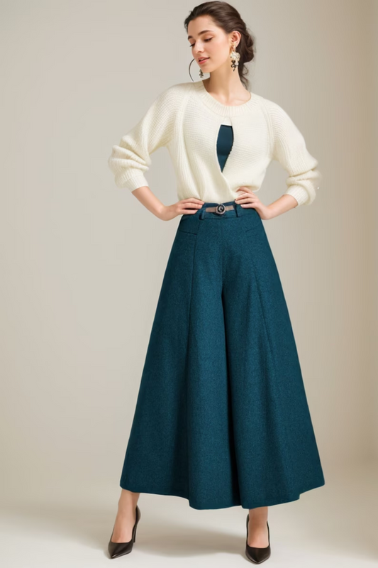 Brown Wool Wide Leg Pants - Pleated High Waist Winter Elegance 2067