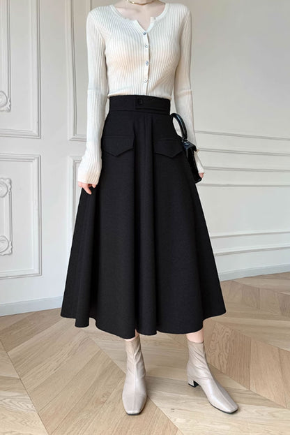 high waist a line long wool skirt 4767