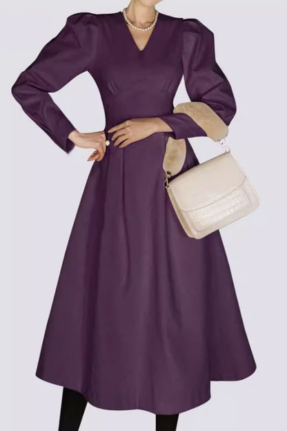 Purple Wool Midi Dress - High Waist, V-Neck Elegance 4796