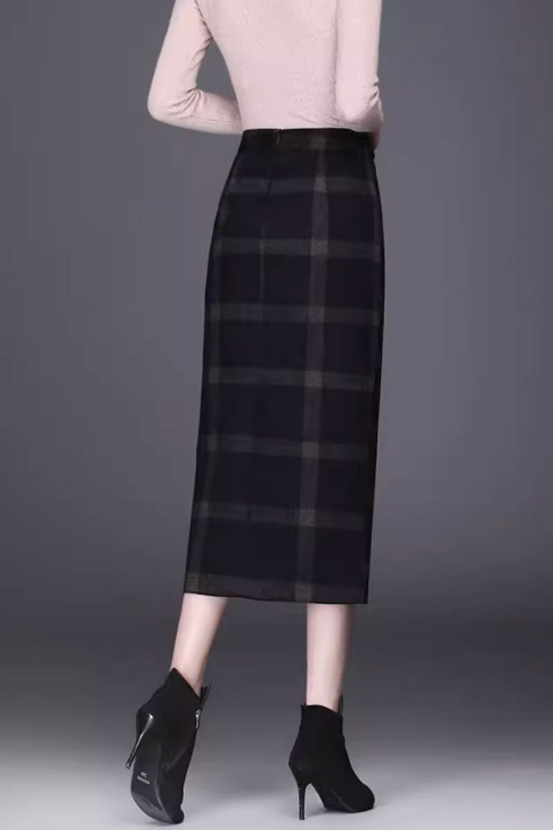 Fitted winter plaid wool skirt women 4651
