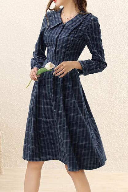 Blue Polyester Midi Dress - Plaid Pattern with Lapel Collar 4887