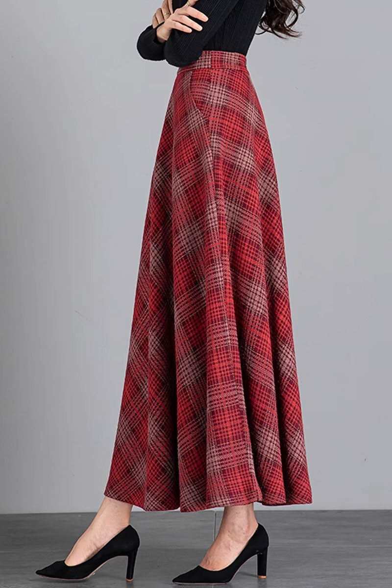 Red plaid winter long wool skirt women 4778