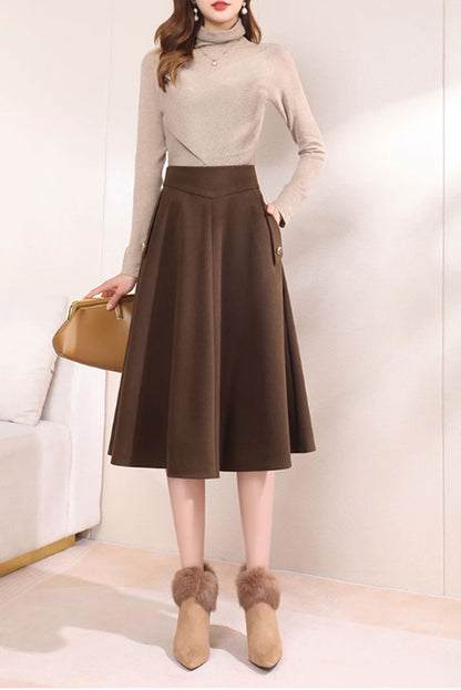 Brown Wool A-Line Midi Skirt - Warm with Pockets 4751