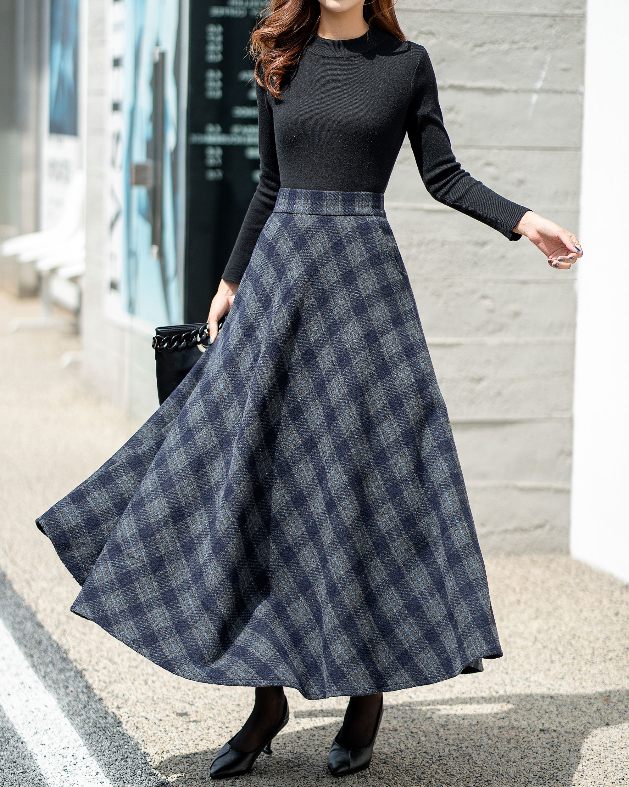 Full length shop wool plaid skirt