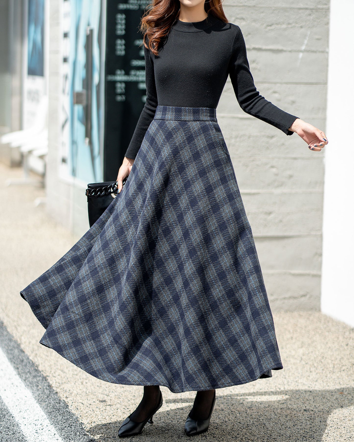 Tartan Wool Skirt, Long Wool plaid Skirt Women 4683