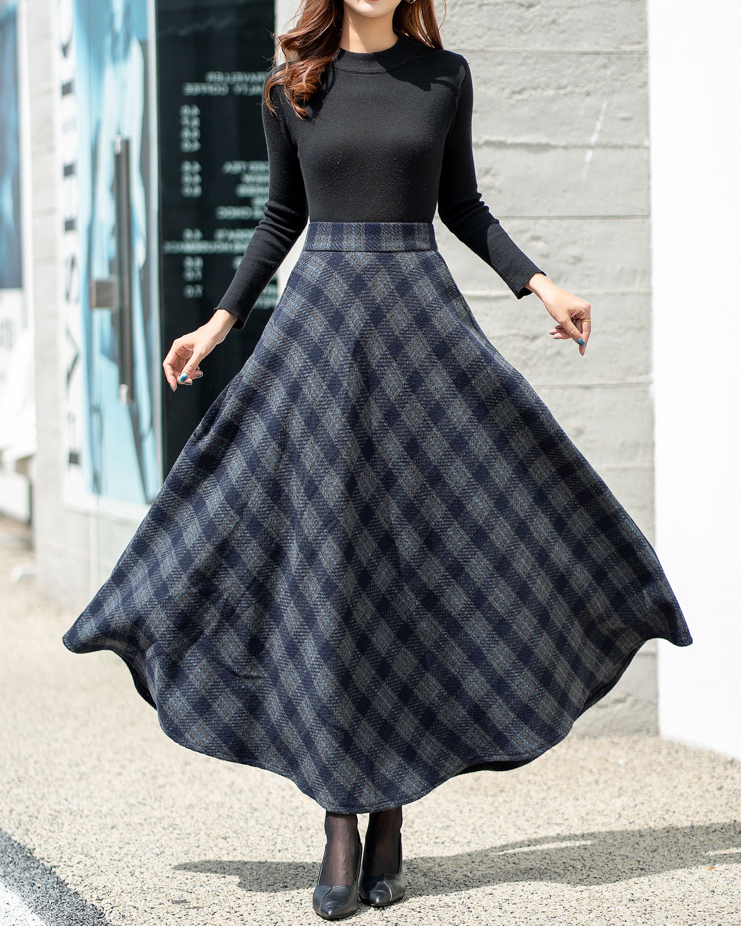 Tartan Wool Skirt, Long Wool plaid Skirt Women 4683