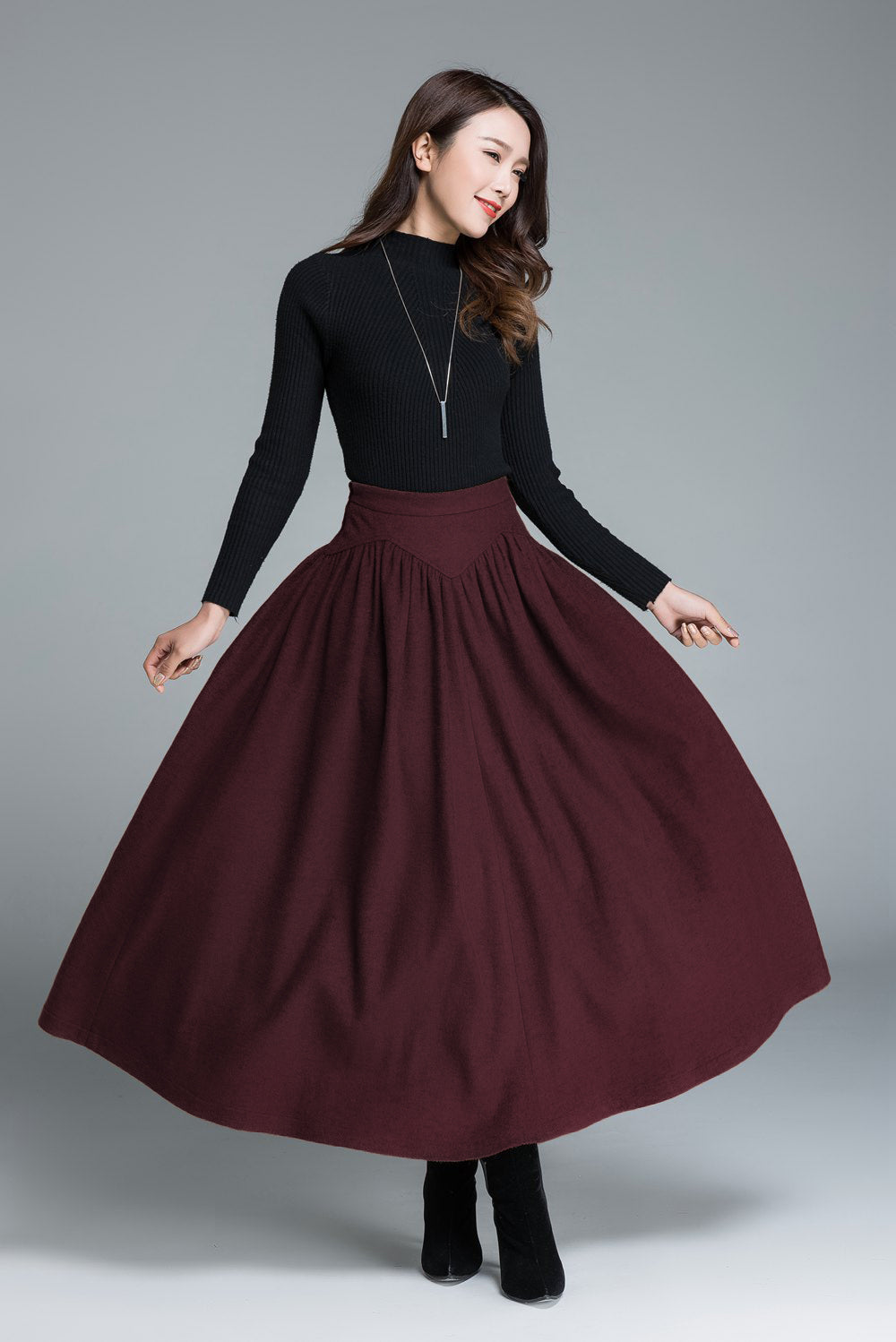 Handmade burgundy wool skirt for autumn and festive occasions