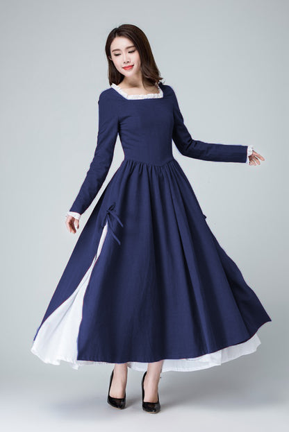 Xiaolizi Linen Maxi Dress – Vintage Navy Fit and Flare Dress with chiffon hem 6316
