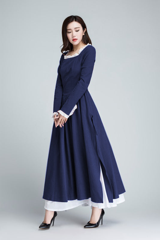 Xiaolizi Linen Maxi Dress – Vintage Navy Fit and Flare Dress with chiffon hem 6316