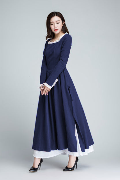 Xiaolizi Linen Maxi Dress – Vintage Navy Fit and Flare Dress with chiffon hem 6316