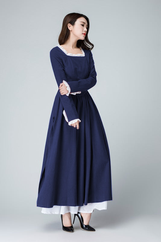Xiaolizi Linen Maxi Dress – Vintage Navy Fit and Flare Dress with chiffon hem 6316