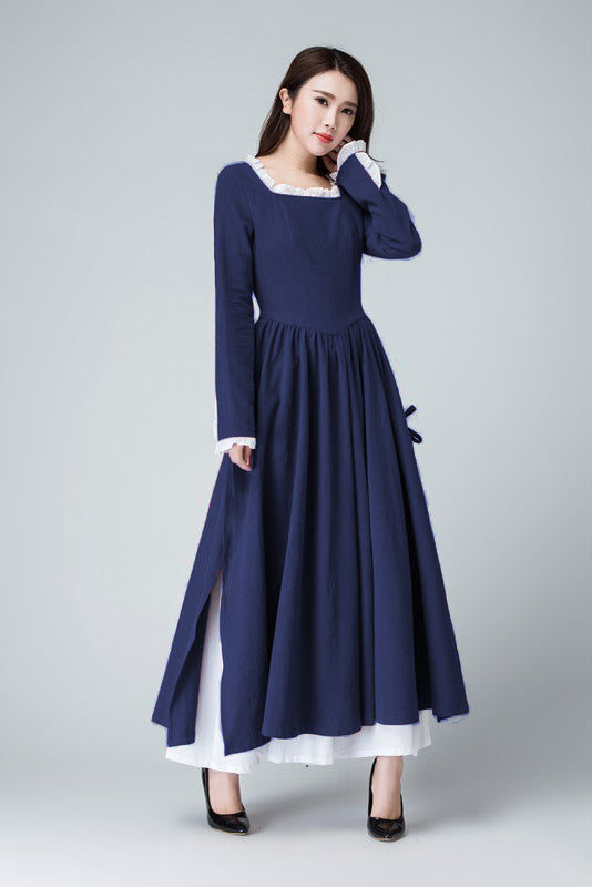 Xiaolizi Linen Maxi Dress – Vintage Navy Fit and Flare Dress with chiffon hem 6316
