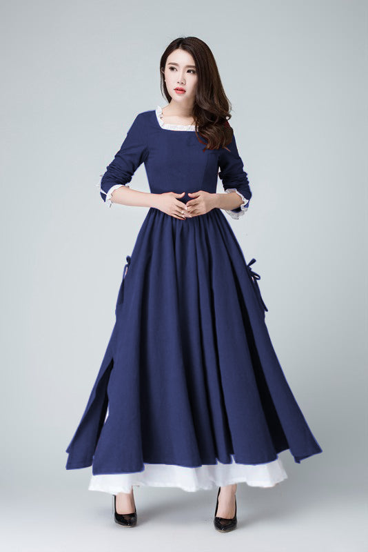 Xiaolizi Linen Maxi Dress – Vintage Navy Fit and Flare Dress with chiffon hem 6316