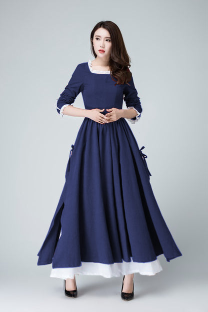 Xiaolizi Linen Maxi Dress – Vintage Navy Fit and Flare Dress with chiffon hem 6316