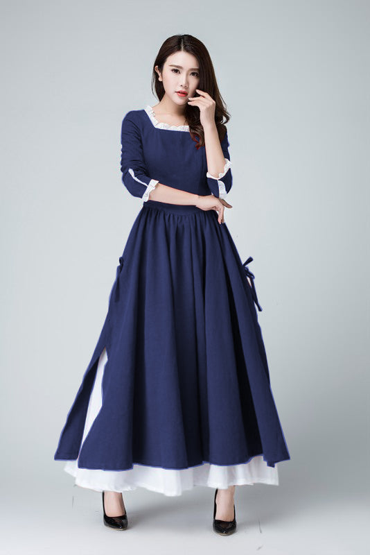 Xiaolizi Linen Maxi Dress – Vintage Navy Fit and Flare Dress with chiffon hem 6316