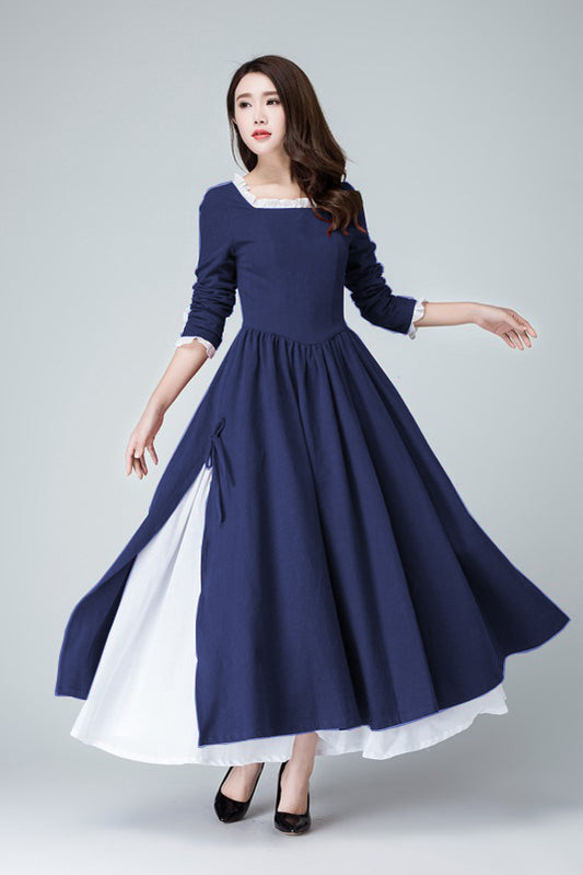 Xiaolizi Linen Maxi Dress – Vintage Navy Fit and Flare Dress with chiffon hem 6316