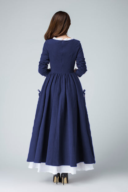 Xiaolizi Linen Maxi Dress – Vintage Navy Fit and Flare Dress with chiffon hem 6316
