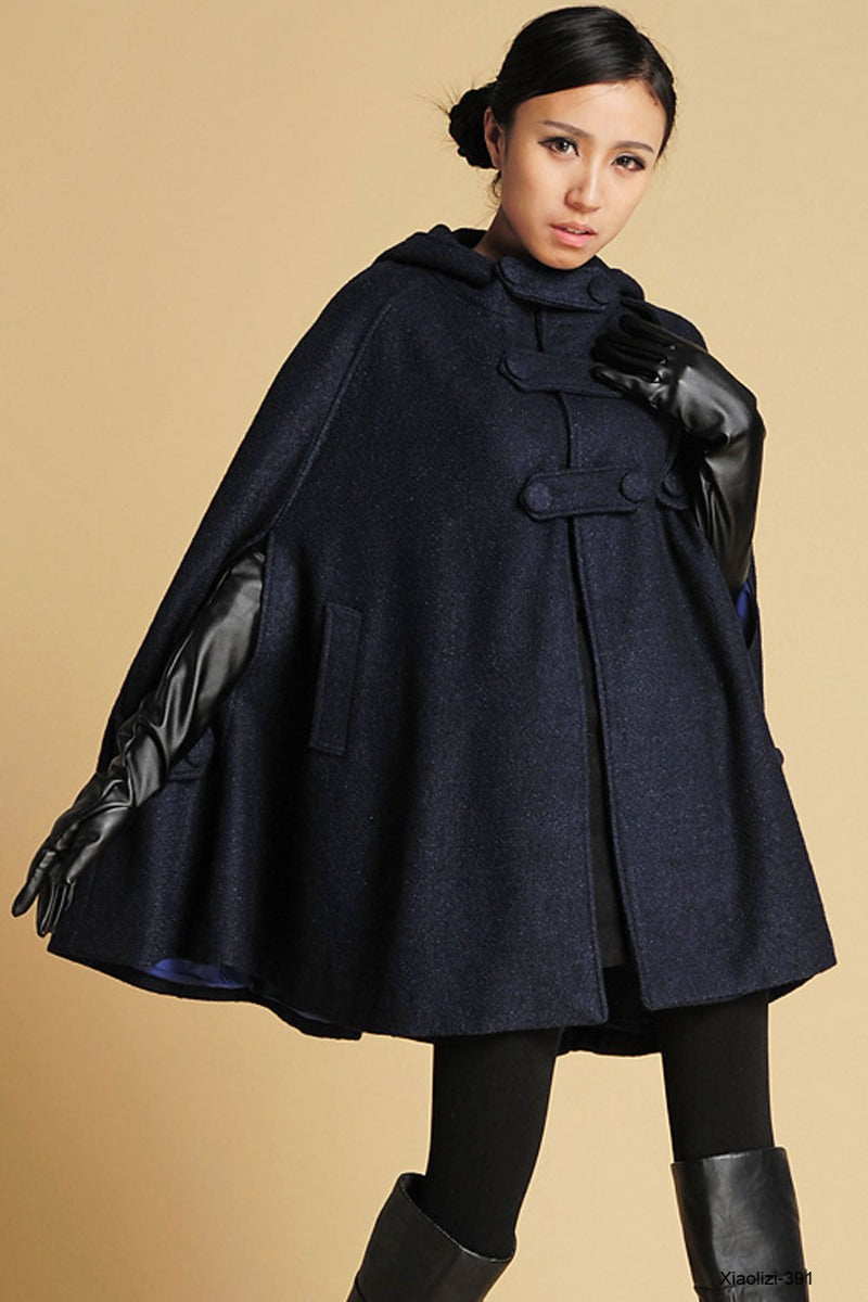 Navy Blue Oversized Wool Cape Coat 0391