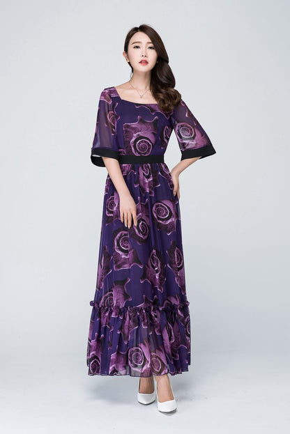 Elegant Purple Floral Maxi Dress for Women in Flowing Chiffon 1546