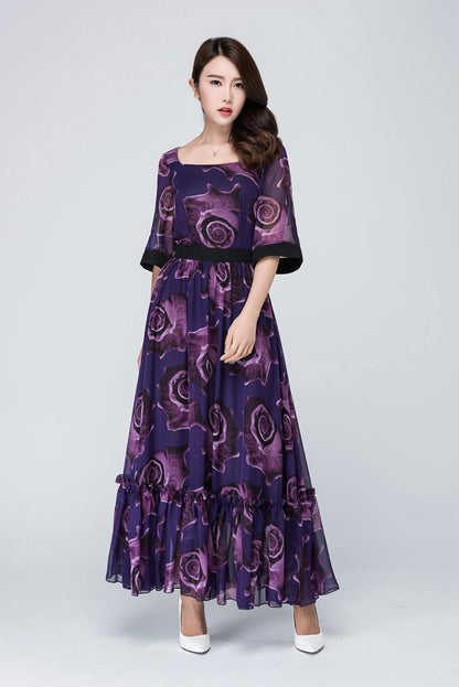 Elegant Purple Floral Maxi Dress for Women in Flowing Chiffon 1546