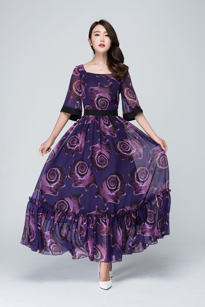Elegant Purple Floral Maxi Dress for Women in Flowing Chiffon 1546