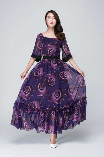 Elegant Purple Floral Maxi Dress for Women in Flowing Chiffon 1546