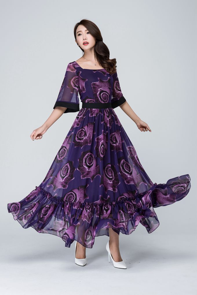 Elegant Purple Floral Maxi Dress for Women in Flowing Chiffon 1546
