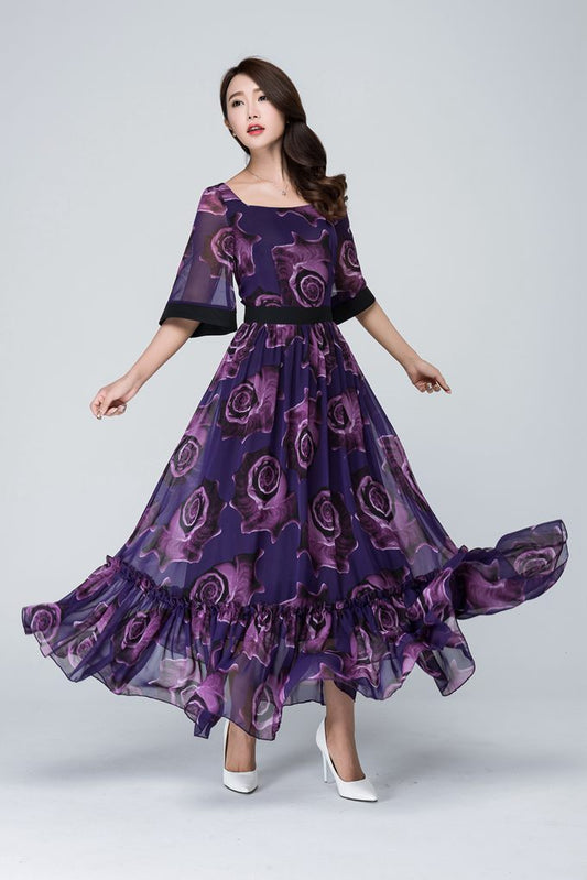 Elegant Purple Floral Maxi Dress for Women in Flowing Chiffon 1546