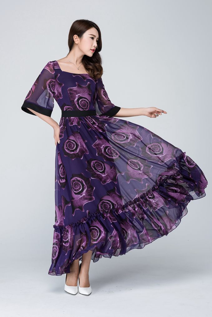Elegant Purple Floral Maxi Dress for Women in Flowing Chiffon 1546