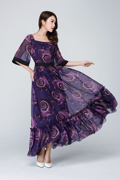 Elegant Purple Floral Maxi Dress for Women in Flowing Chiffon 1546