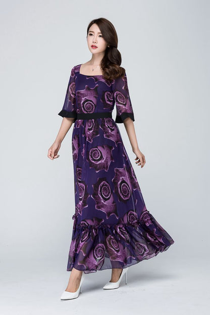 Elegant Purple Floral Maxi Dress for Women in Flowing Chiffon 1546