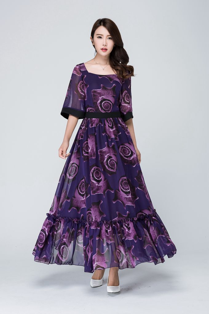 Elegant Purple Floral Maxi Dress for Women in Flowing Chiffon 1546