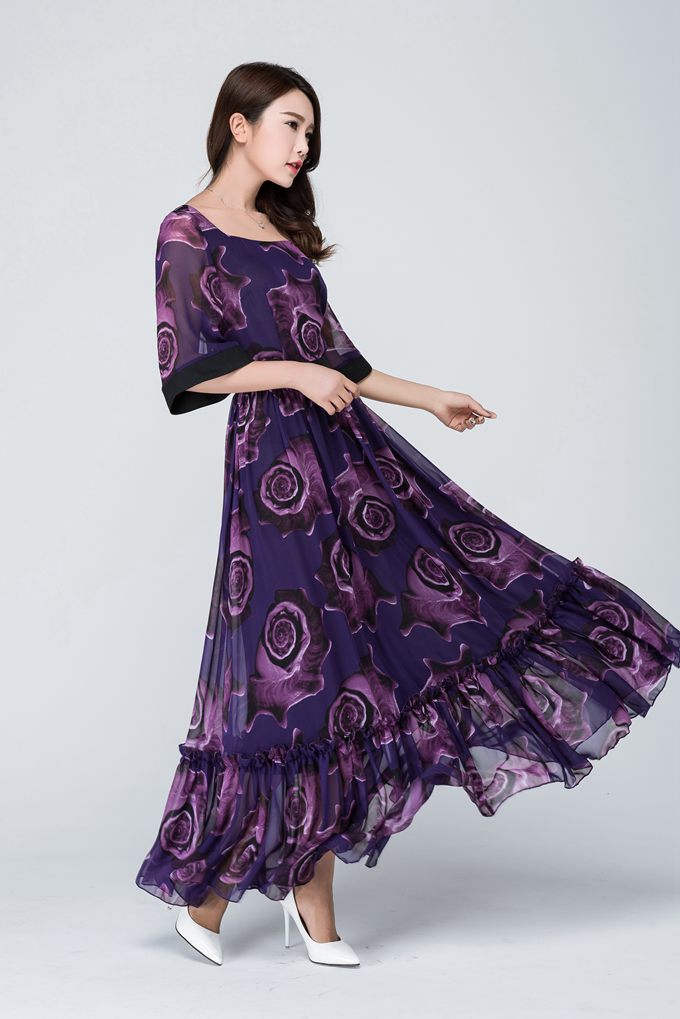 Elegant Purple Floral Maxi Dress for Women in Flowing Chiffon 1546