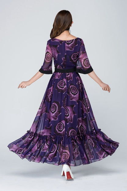 Elegant Purple Floral Maxi Dress for Women in Flowing Chiffon 1546