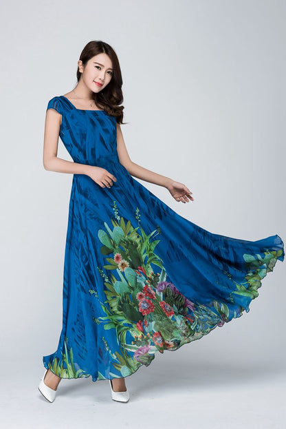Vintage-Inspired Blue Floral Maxi Dress in Flowing Chiffon 1547