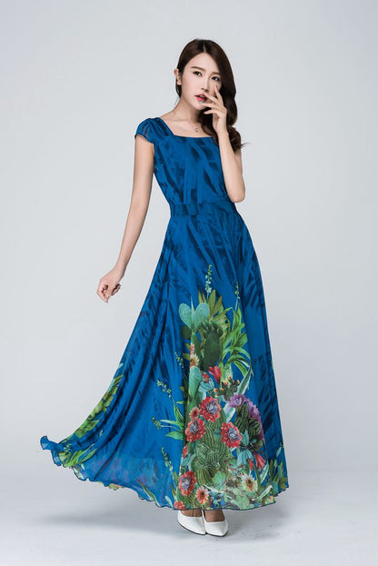 Vintage-Inspired Blue Floral Maxi Dress in Flowing Chiffon 1547