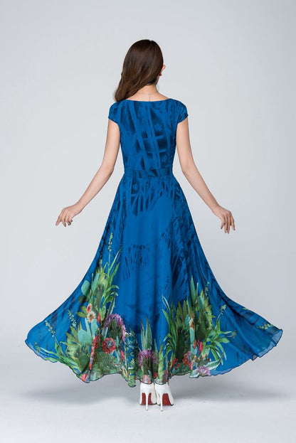 Vintage-Inspired Blue Floral Maxi Dress in Flowing Chiffon 1547
