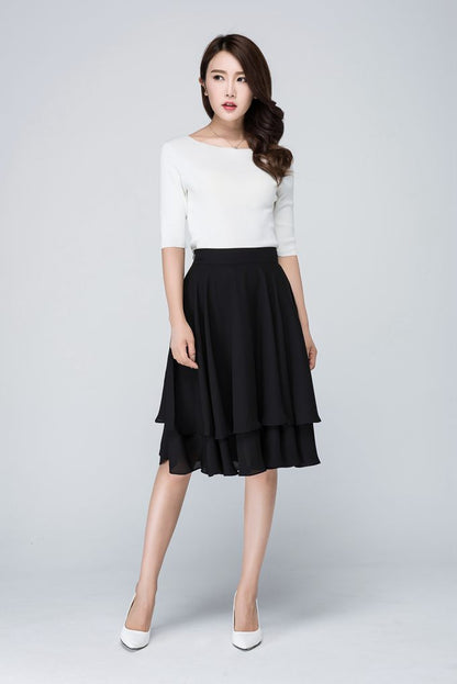 Black Chiffon Skater Skirt - Flare Silhouette with Hidden Zipper 1564