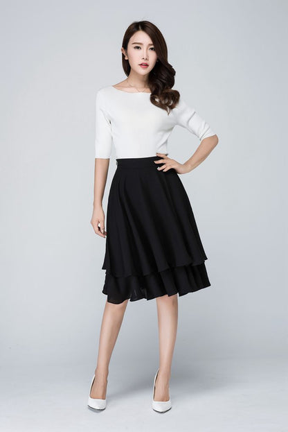 Black Chiffon Skater Skirt - Flare Silhouette with Hidden Zipper 1564