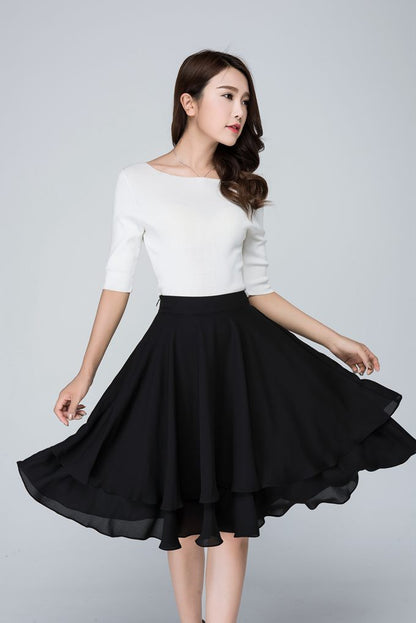 Black Chiffon Skater Skirt - Flare Silhouette with Hidden Zipper 1564